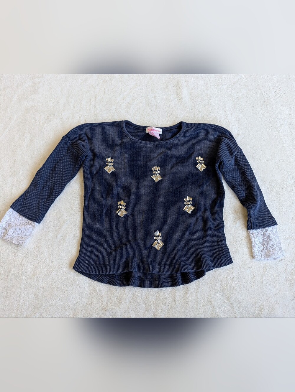 Design History Girls Navy Blue Embellished Long Sleeve Top